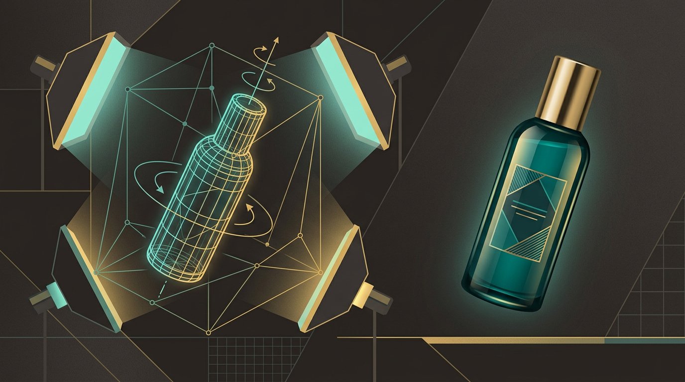 Illustration of a product bottle being rotated in 3D software with studio lighting and a floating render output