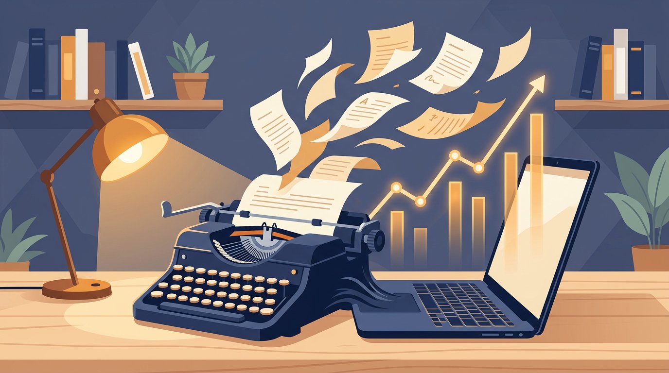 Illustration of a typewriter morphing into a laptop with floating article pages