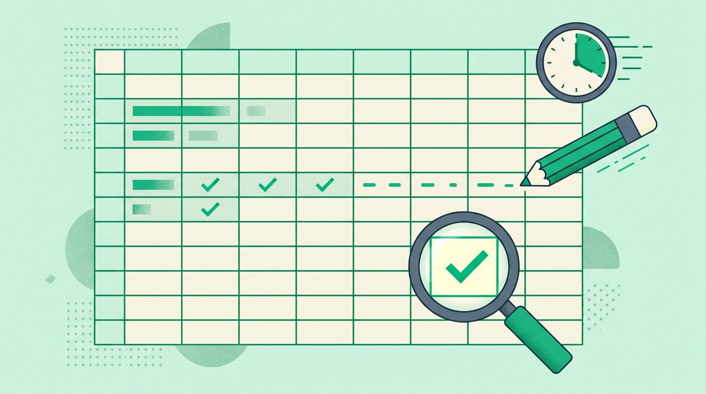 Illustration of a spreadsheet grid being filled row by row with a magnifying glass and a green accuracy checkmark