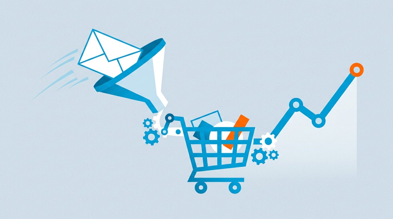 Illustration of an email envelope flying into a funnel connected to a shopping cart and a revenue chart