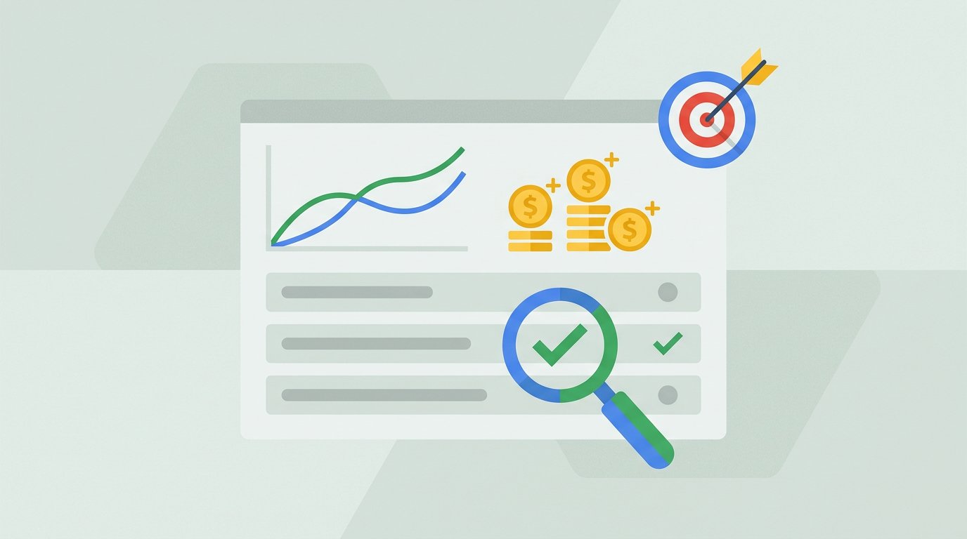 Illustration of a search ads interface with rising click curves and a magnifying glass auditing keyword rows