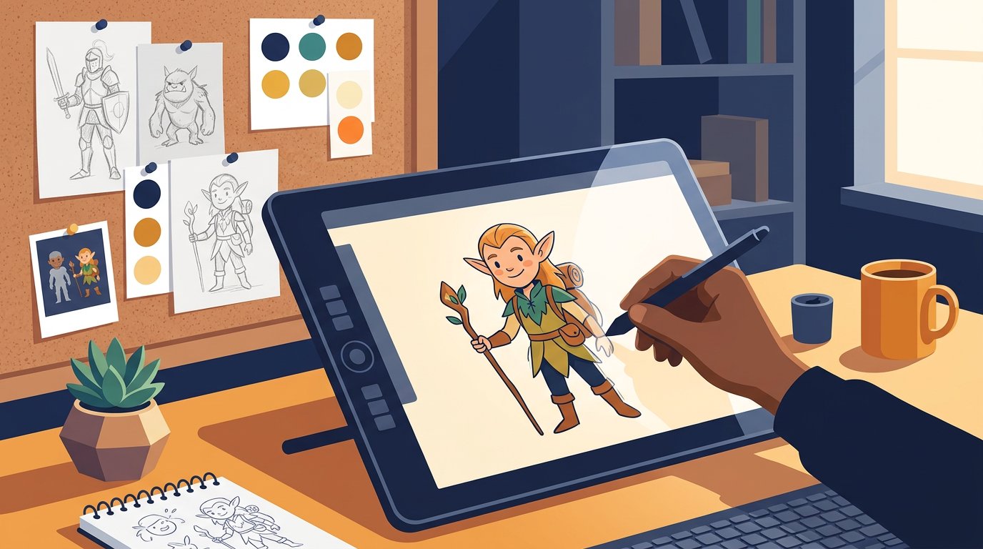 Illustration of an artist tablet drawing a fantasy character with reference sketches