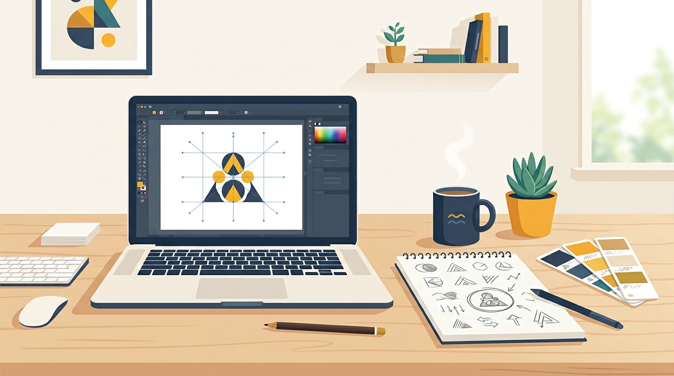 Illustration of a logo designer desk with sketches and a vector logo grid on a laptop