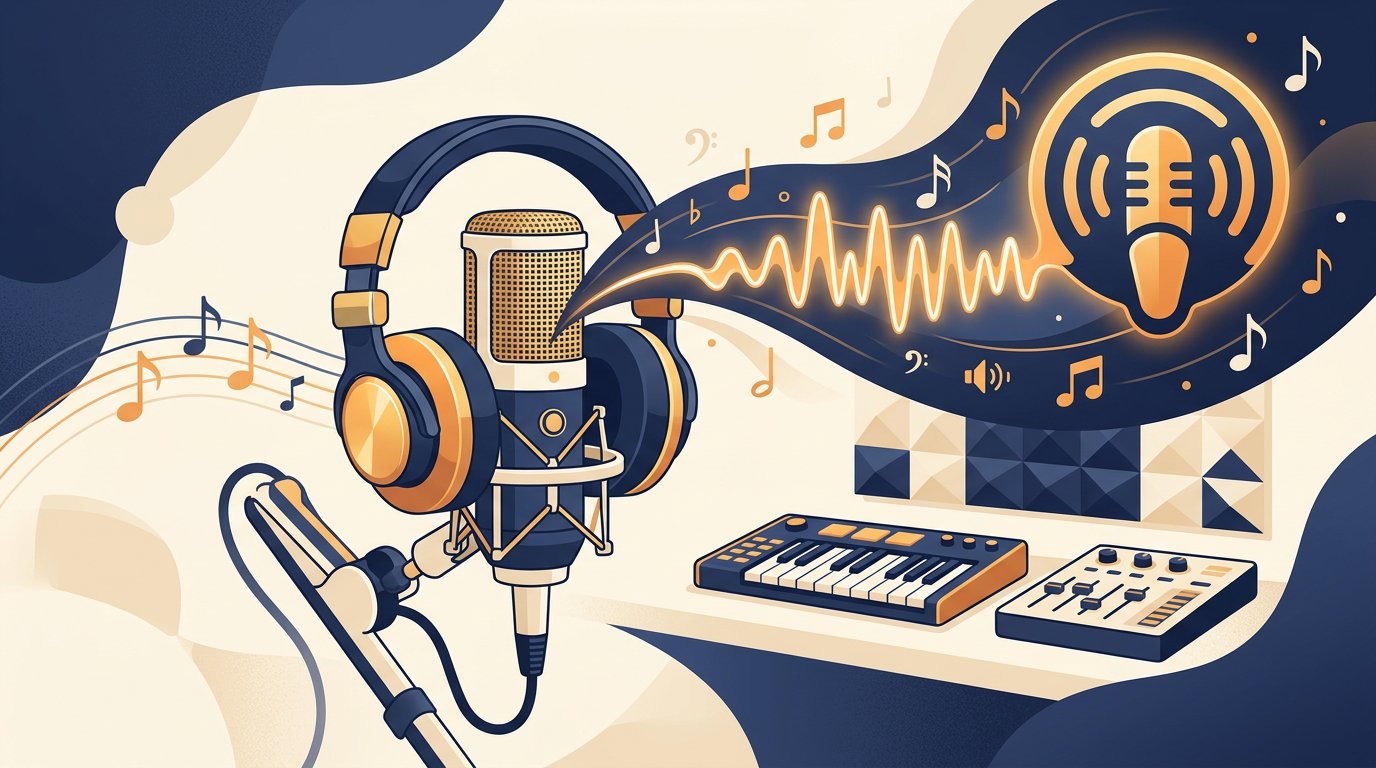 Illustration of studio headphones, microphone and musical waveform flowing into a podcast icon