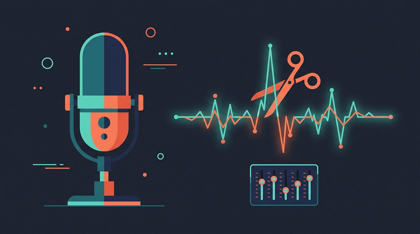 Illustration of a podcast microphone with a waveform being edited on a timeline
