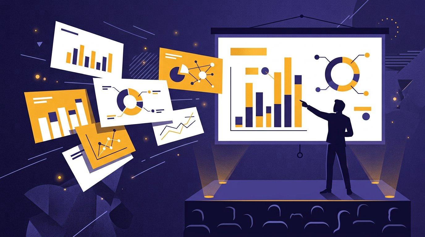 Illustration of a presentation slide deck on a stage screen with charts and a rising audience engagement meter