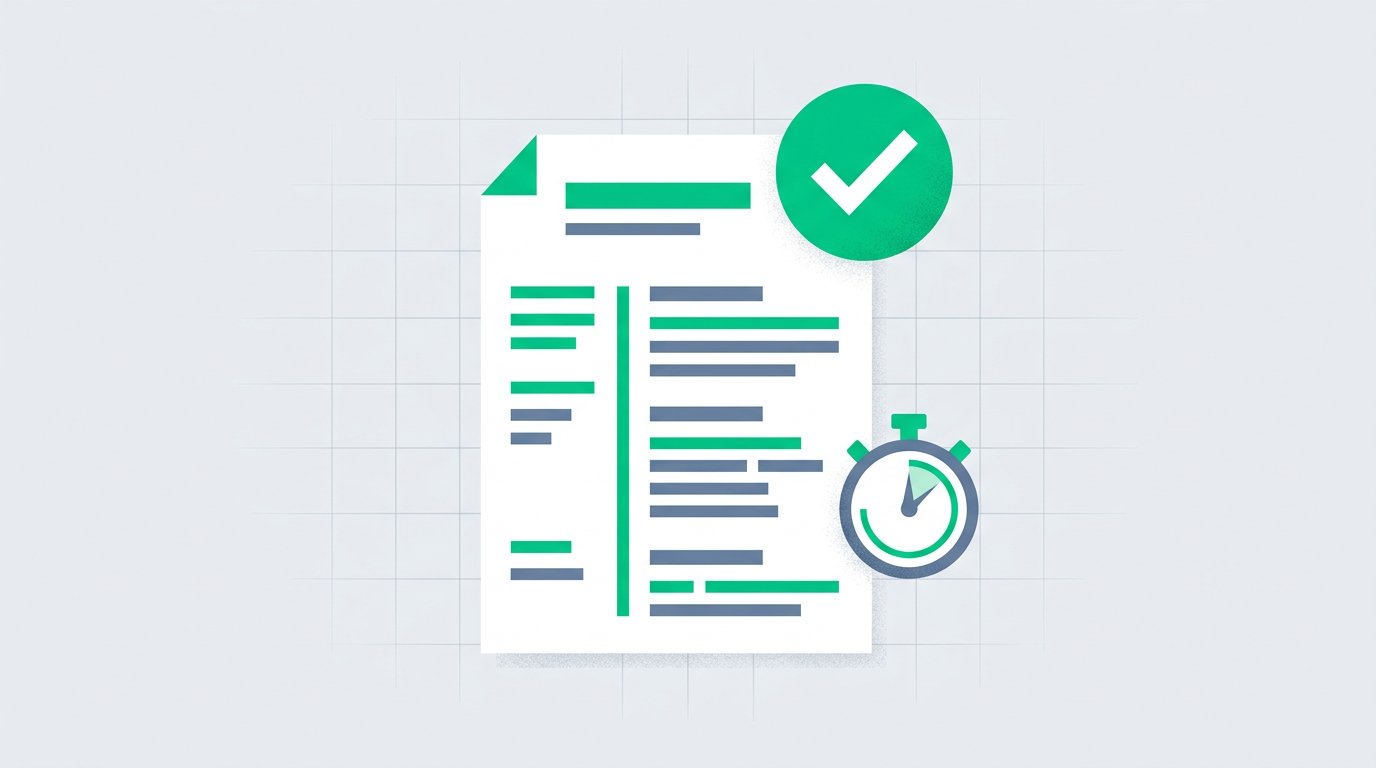 Illustration of a resume document with a checkmark and a stopwatch indicating same-day delivery