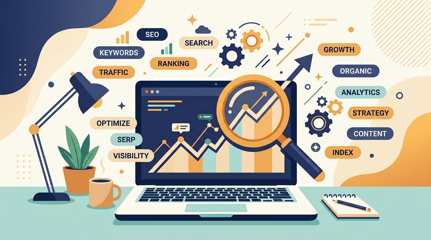 Illustration of a magnifying glass over a rising analytics graph with keyword tags