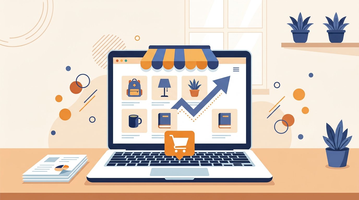 Illustration of a laptop showing an online store product grid with a shopping cart and rising sales arrow