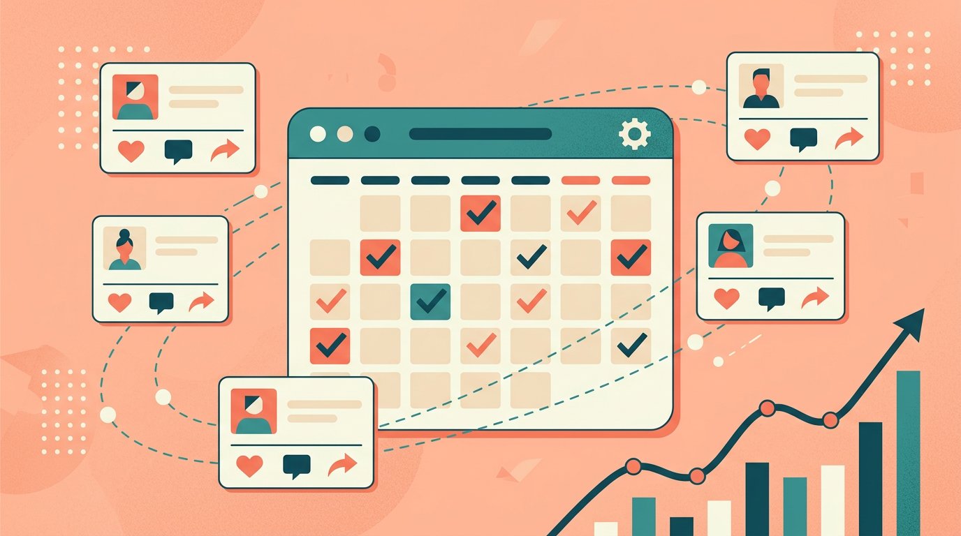 Illustration of social media profile cards floating around a scheduling calendar with a rising engagement graph