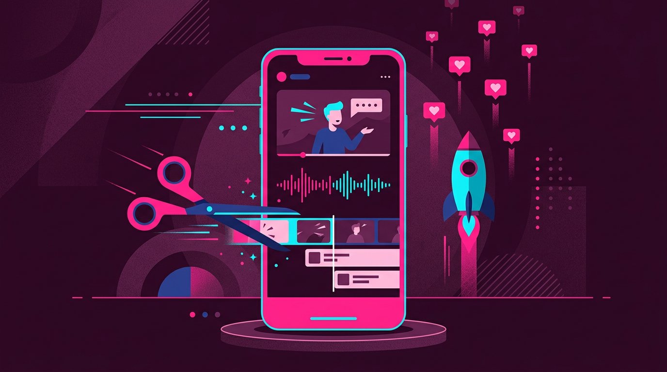 Illustration of a smartphone playing a vertical short video with scissors, captions and a rocket boosting its reach