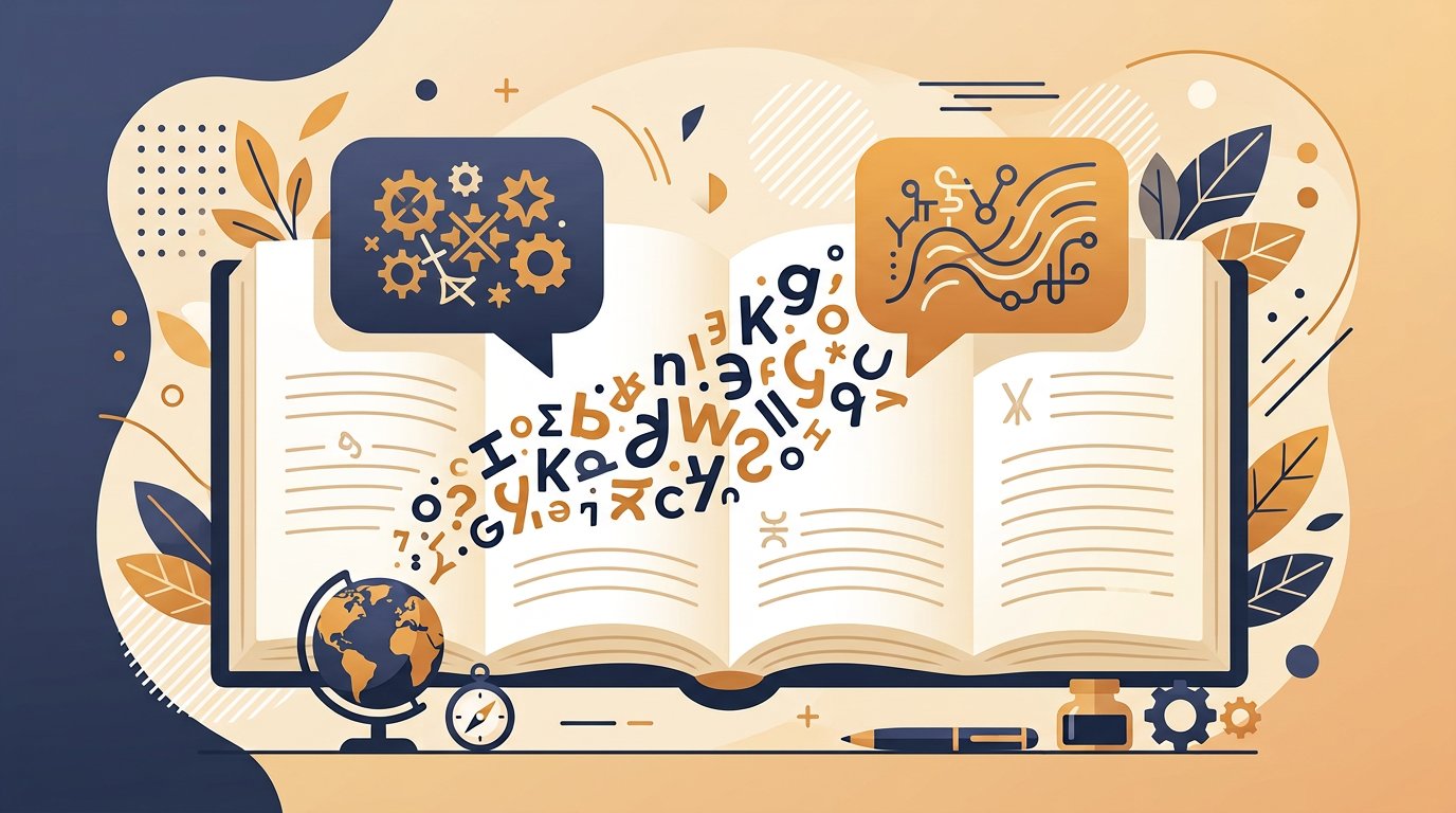 Illustration of two speech bubbles with letter shapes flowing between open book pages