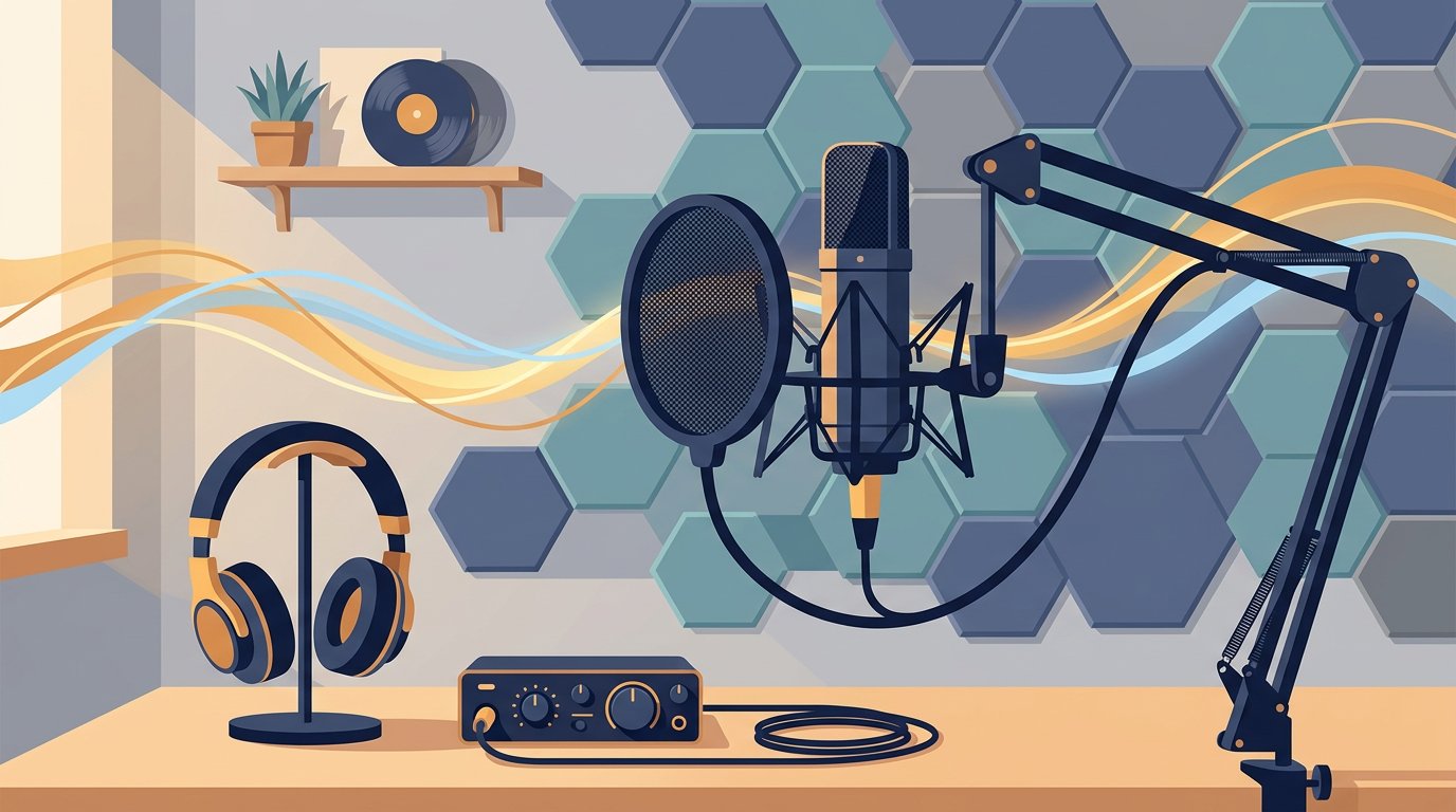 Illustration of a studio microphone with pop filter and sound waves