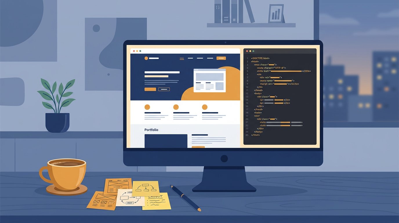 Illustration of a monitor showing a responsive website layout beside a code panel