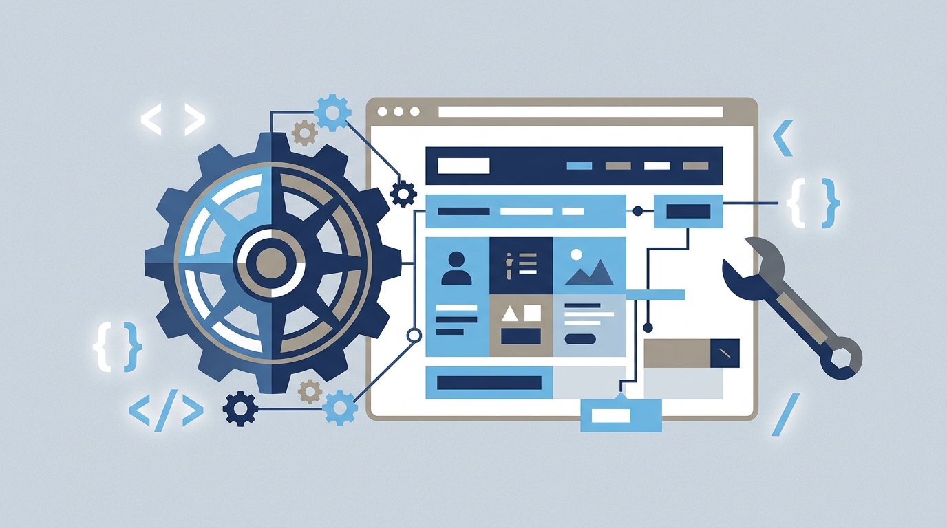 Illustration of a WordPress logo gear wheel assembling a website layout from modular blocks