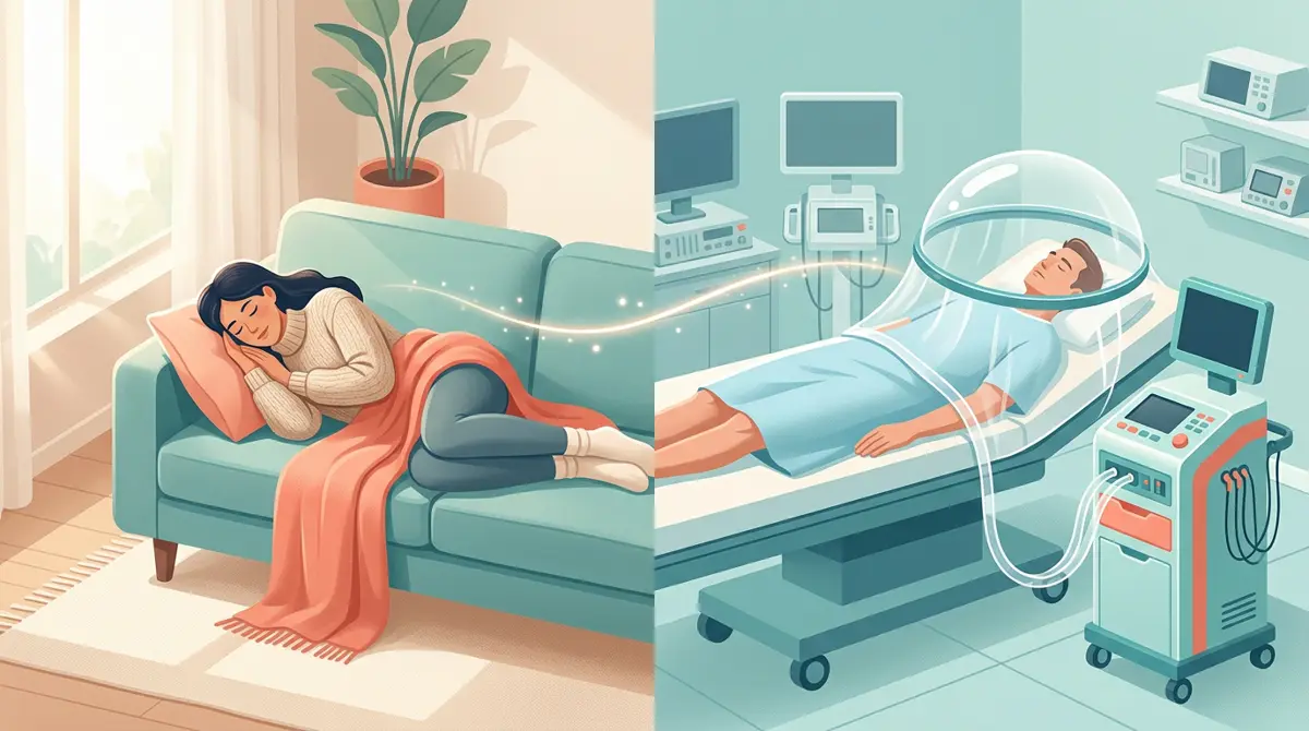 BMR vs RMR illustrated: a person resting on a couch at home beside a person lying under a metabolic testing hood in a lab