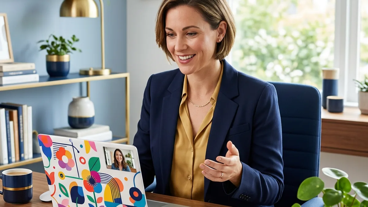 Small business owner on a video call with a vetted freelance designer reviewing a colorful design mockup