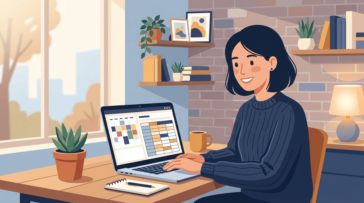 Illustration of a virtual assistant at an organized desk with laptop and calendar