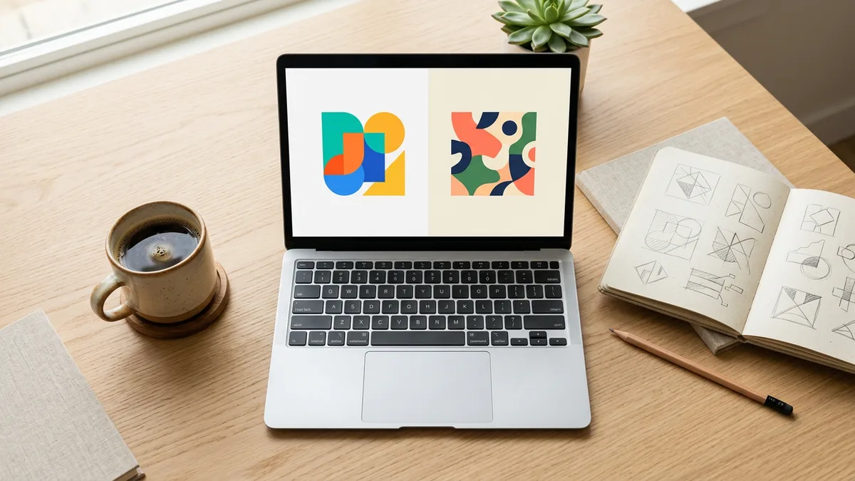 Laptop showing two abstract logo mockups side by side next to a sketchbook, pencil and coffee on a bright desk
