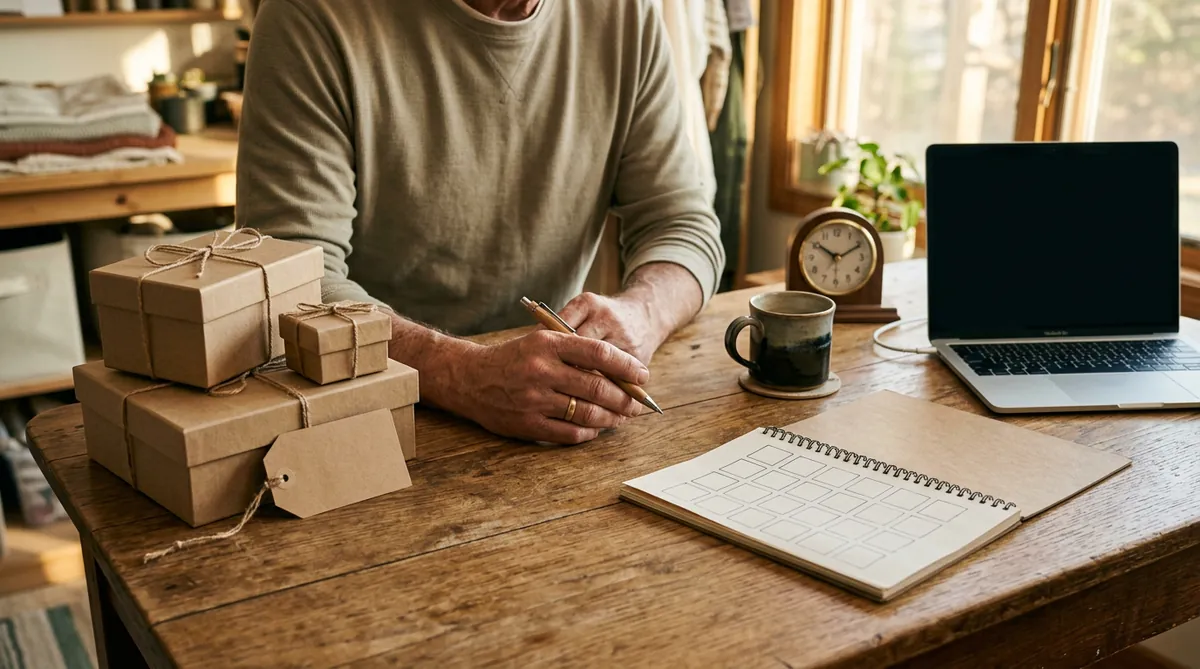 Small business owner at a wooden desk choosing between boxed fixed-price packages on one side and a laptop, clock and weekly planner for ongoing hourly work on the other