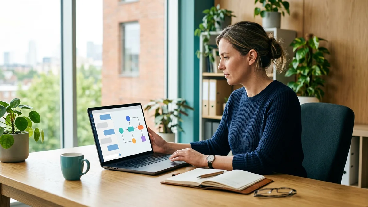 Small business owner at a bright desk reviewing a laptop that shows a chatbot conversation and an automation workflow diagram