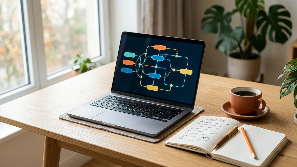 Laptop on a wooden desk showing a colorful automation workflow diagram next to a notebook with a checklist