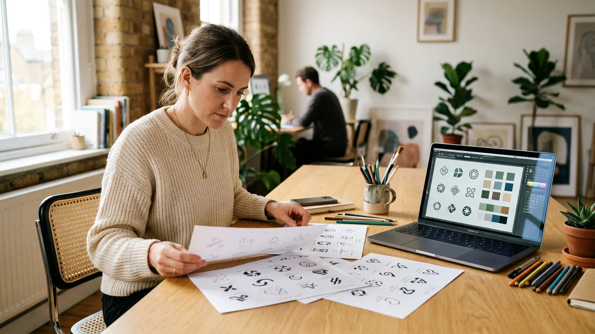 Small business owner reviewing printed logo concept sketches next to a laptop showing a vector logo grid