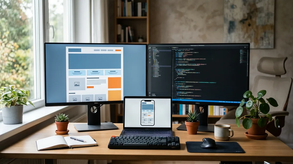 Web developer desk with one monitor showing a website wireframe, another showing code, and a laptop with a mobile page mockup