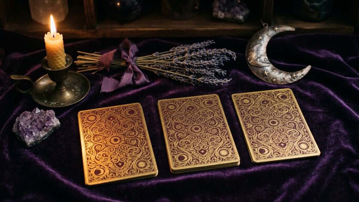 Tarot cards spread on a table with candlelight during a reading