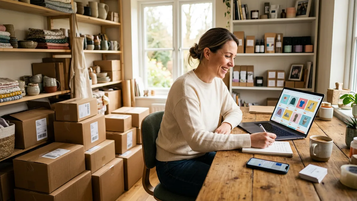 Online shop owner at a home office working on a laptop showing a store product grid, with shipping boxes on shelves